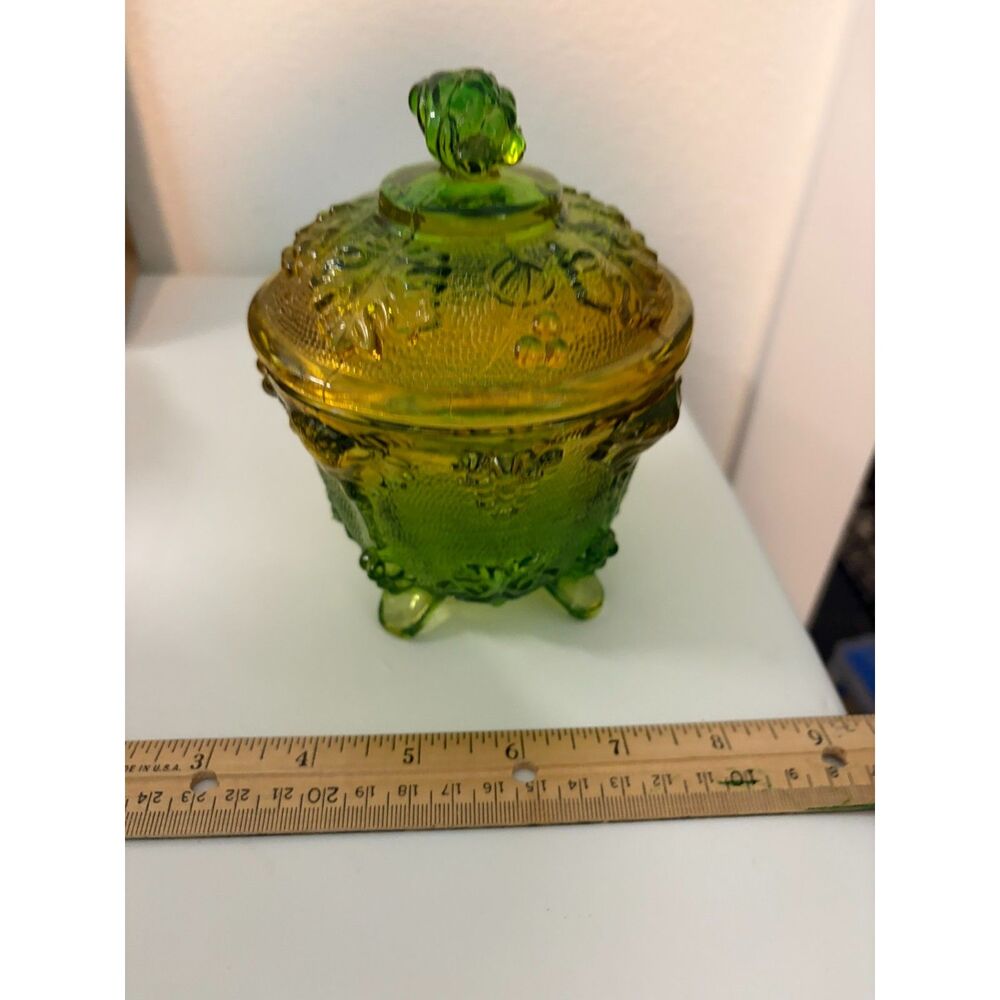 vtg Jeannette glass green and yellow ombre grapevine footed candy dish